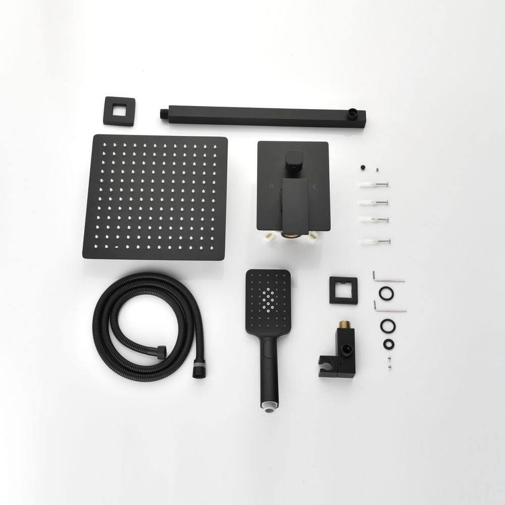 BEARSOLIM Brass Matte Black Faucet 1 Jet Shower System 10 in. Rainfall Shower Head with Rough-in Valve Included in Black (2)