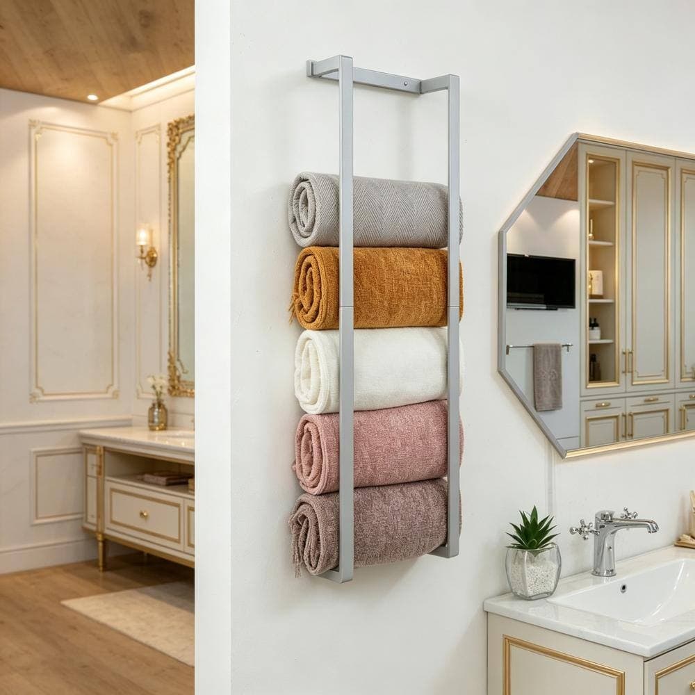 Whatseaso 8.2 in. W 32 in. H x 5.5 in. D Rolled Towel Holder with 3 Compartments Metal Towel Storage Shelf in Silver (3)