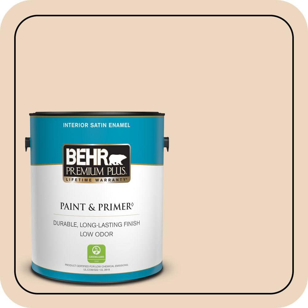BEHR PREMIUM PLUS 1 Gal. #PPU4-10A Sandy Beige Satin Enamel Low Odor Interior Paint and Primer