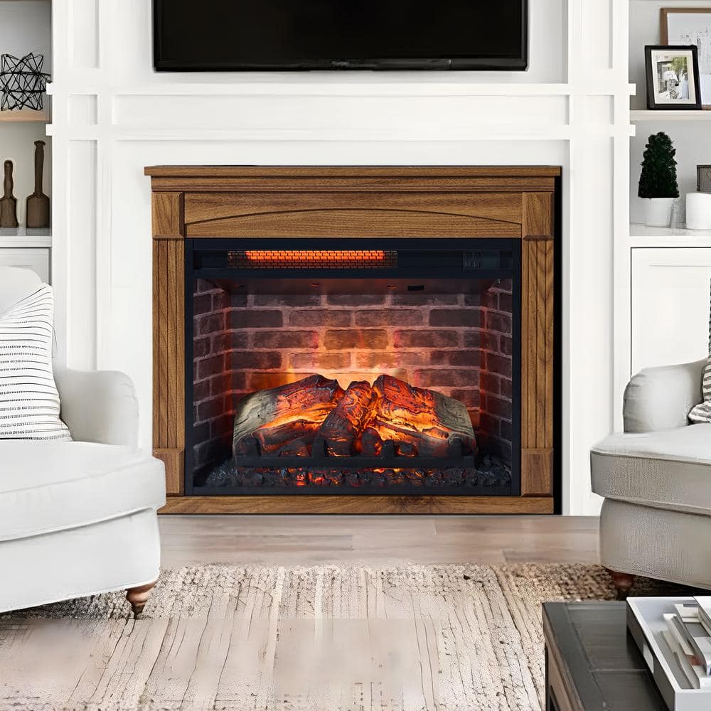 Hooure 28 in. Freestanding Electric Fireplace with Remote, Removable Caster Wheel and LED Light Source in Dark Oak