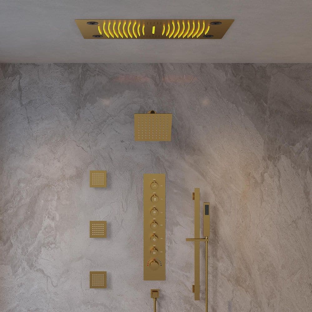 GRANDJOY Aurorasymphony LED Bluetooth 6-Spray Ceiling Mount 28 and 8 in. Dual Showers 3-Jet Handheld 2.5 GPM in Brushed Gold (1)