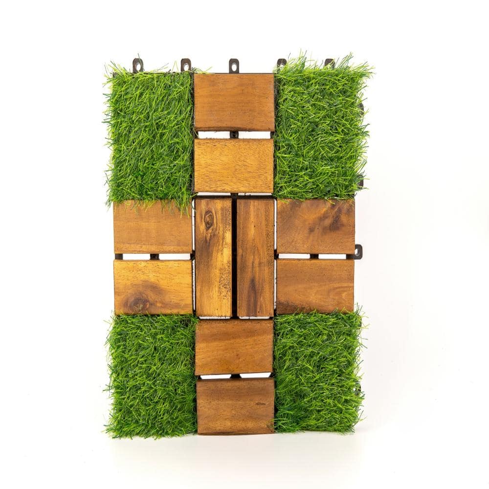 Unbranded 1ft.x 1ft. Green Acacia Wood Deck Tile with Artificial Grass for Outdoor (10 pack) (1)