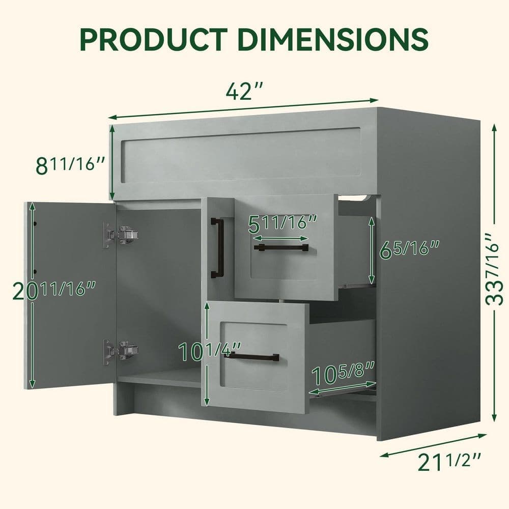 Getpro 42 in. MDF Bath Vanity Cabinet without Top in Sky Grey Unassembled with 2-Right Drawers and 2-Left Door Soft Closing (3)