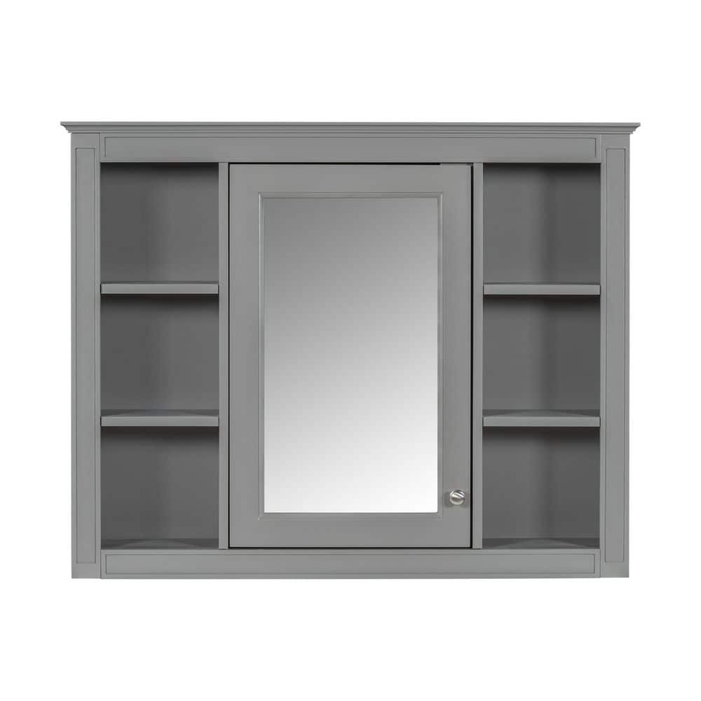 Siavonce 7 in. W x 35 in. D x 27 in. H Wall Mounted Bathroom Linen Cabinet with 6 Open Shelves and Mirrored Doors, Gray (1)