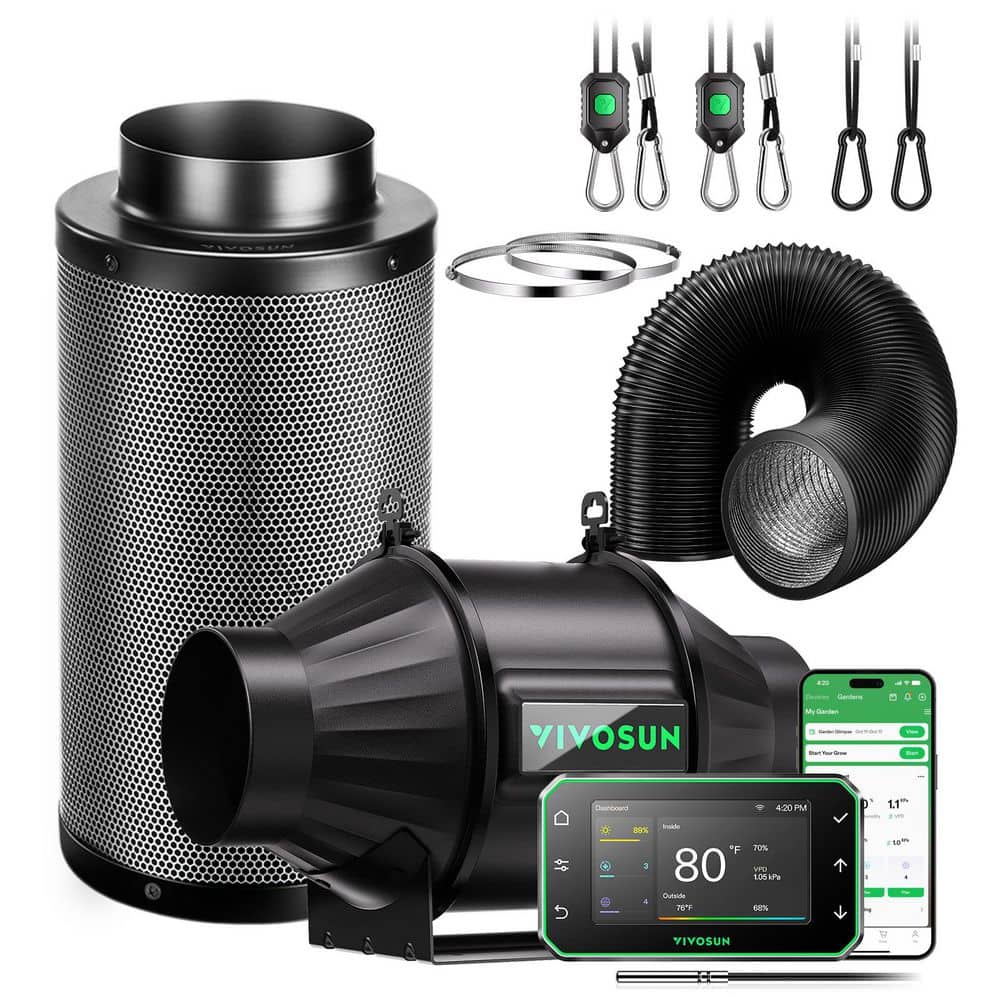 VIVOSUN AeroZesh T8 8 in. Inline Duct Fan Kit with GrowHub E42A Plus Controller, Black Carbon Filter and 25 ft. Ducting