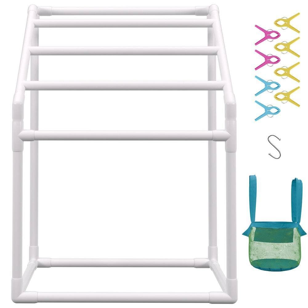 Bunpeony Freestanding Outdoor Pool Towel Rack 5 Bars 37 x 24 x 50 in. White PVC Towel Stand Clips Hook and Mesh Bag (3)
