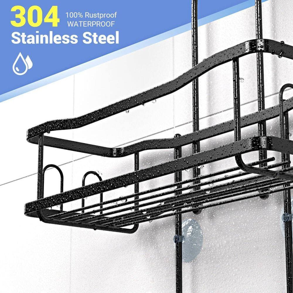 Anqtovp Hanging Rustproof Anti-Slip No-Drill Shower Caddy with Fast Drainage and Hooks in Matte Black (3)