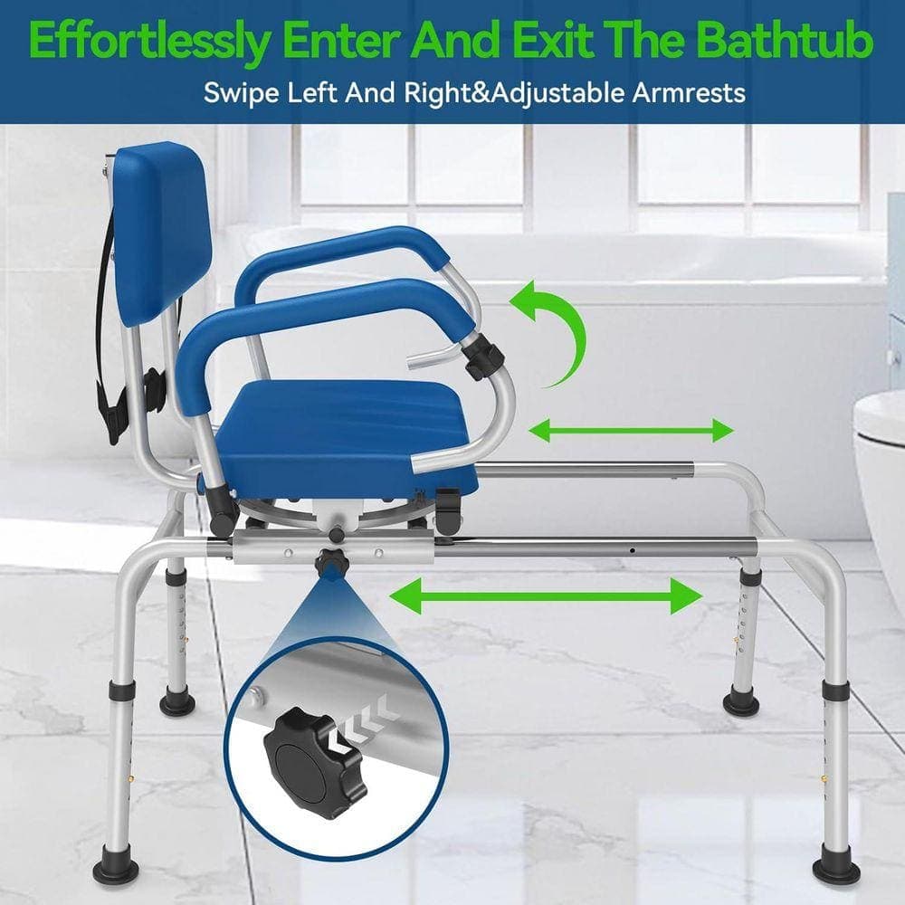 JFVKAF 42.52  in. W Height Adjustable Sliding Large Aluminum Shower Chair in Blue with Swivel Seat Padded Pivot Arms, 350 lbs. (3)