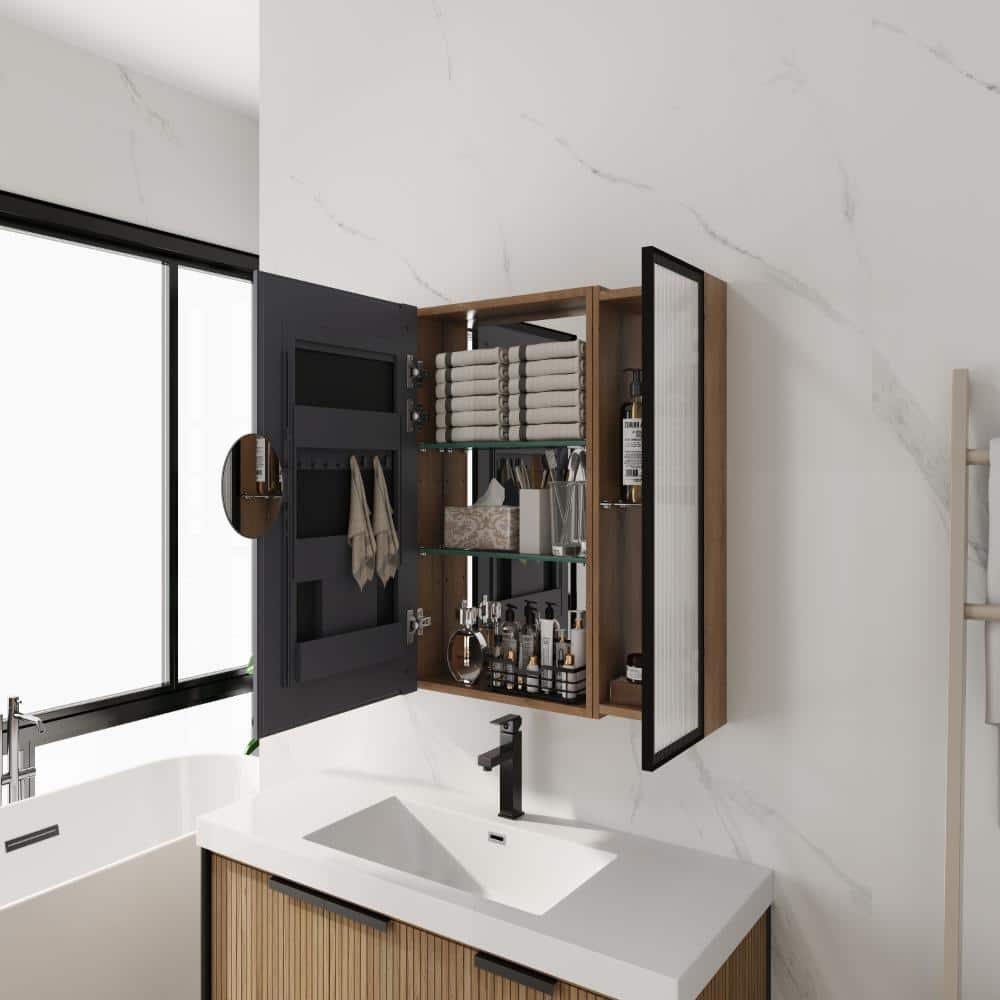 COWLOWN 39.44 in. W x 27.56 in. H Brown Rectangular Wood Medicine Cabinet with Mirror, Adjustable Glass Shelves, (2)