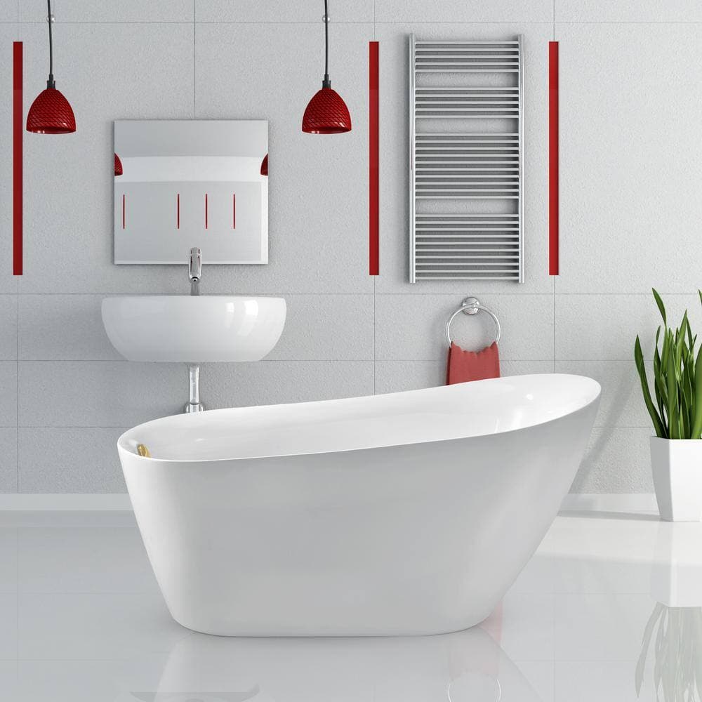 Streamline 63 in. x 30 in. Acrylic Freestanding Soaking Bathtub in Glossy White With Polished Brass Drain (2)