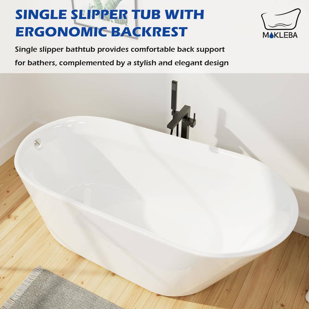 Mokleba Modern Slipper Acrylic Freestanding Bathtub cUPC Certificated with Polished Chrome Drain Soaking Tub White (3)
