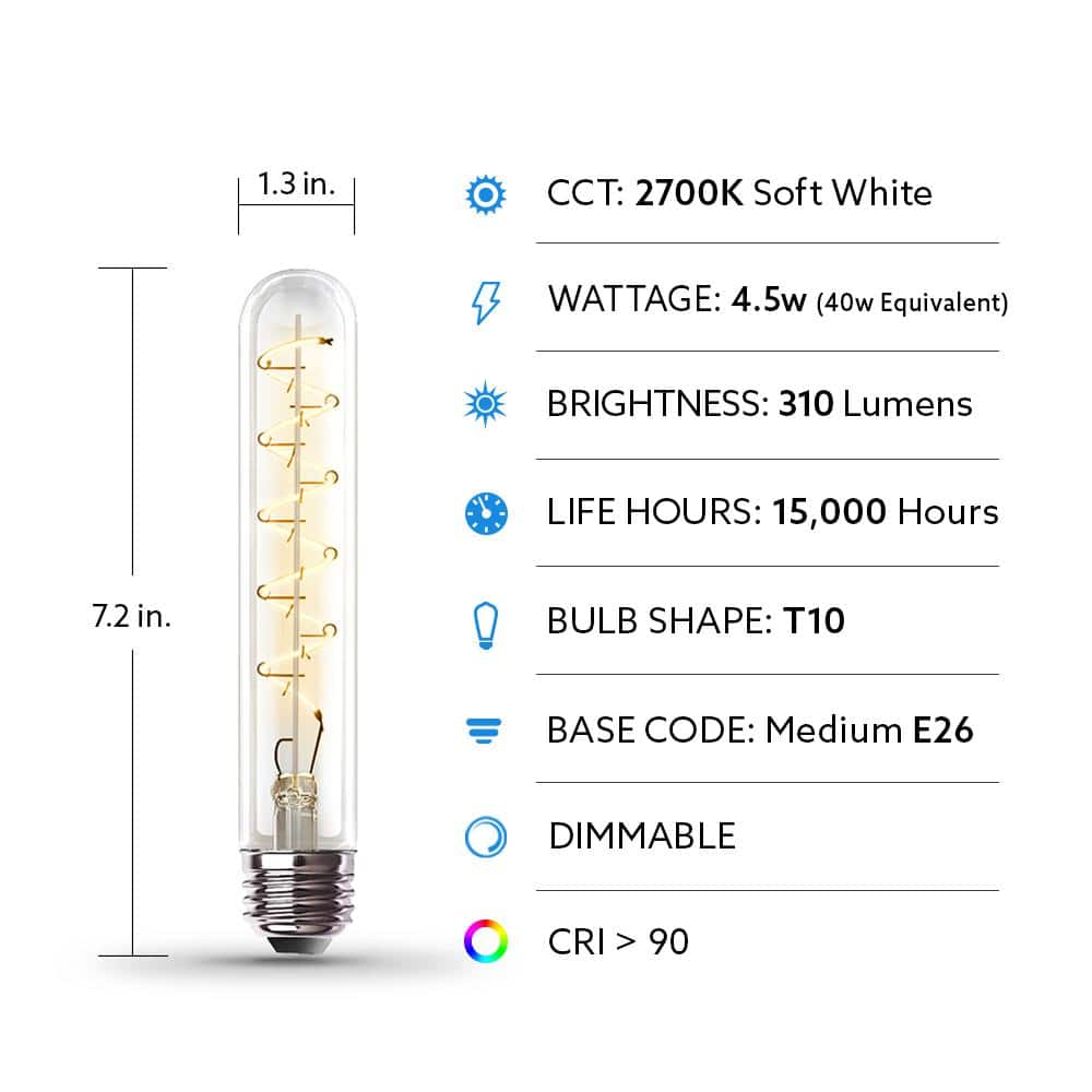 Feit Electric 40-Watt Equivalent T10 Dimmable Spiral Filament Large Clear Glass E26 Vintage Edison LED Light Bulb, Soft White (4)