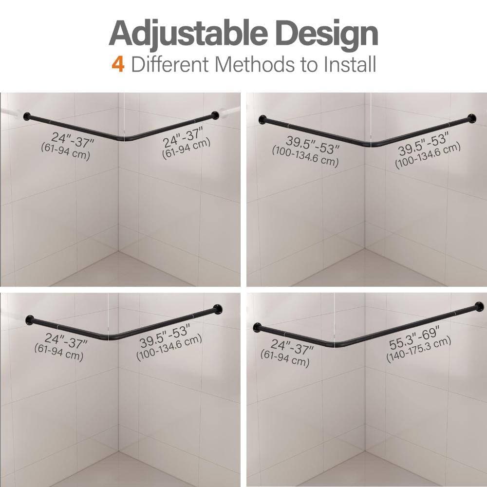 Unbranded L-Shaped 90-Degree Corner Shower Curtain Rod Adjustable 24-53 in. with Ceiling Support and 12 Hooks Black (2)