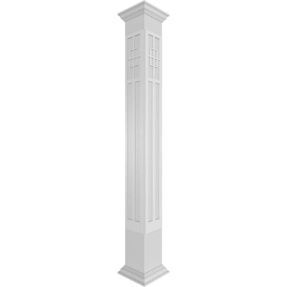 Ekena Millwork 7-5/8 in. x 8 ft. Square Non-Tapered San Antonio Mission Style Fretwork PVC Column Wrap Kit with Crown Capital and Base (1)