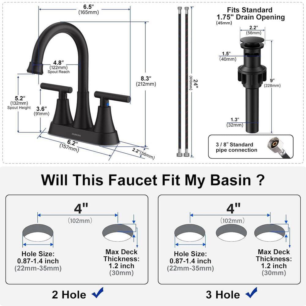 Numhew 2-Piece 4 in. Bathroom Faucets with Pop-up Drain and 2 Supply Hoses in Matte Black (2)