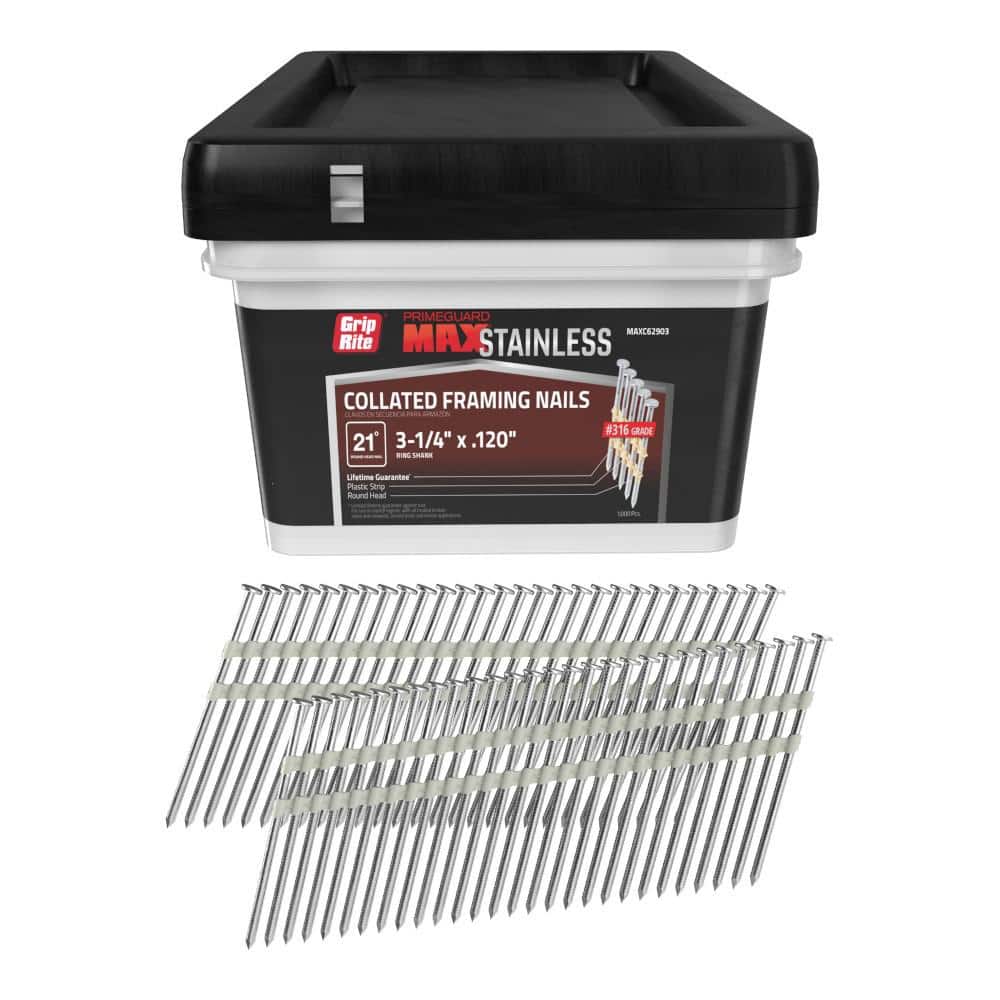 Grip-Rite 3-1/4 in x .120 in 21° Plastic Collated 316 Stainless Steel Round Head Checkered Ring Shank Framing Nails 1000 per Box