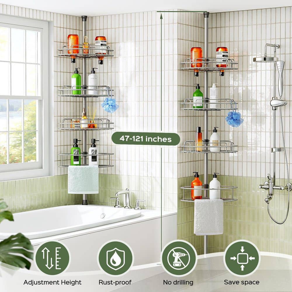 Numhew Tension Pole 4-Tier 47-121 in. Rust-Resistant Corner Shower Caddy in Silver Gray for Bathroom and Shower Storage (2)