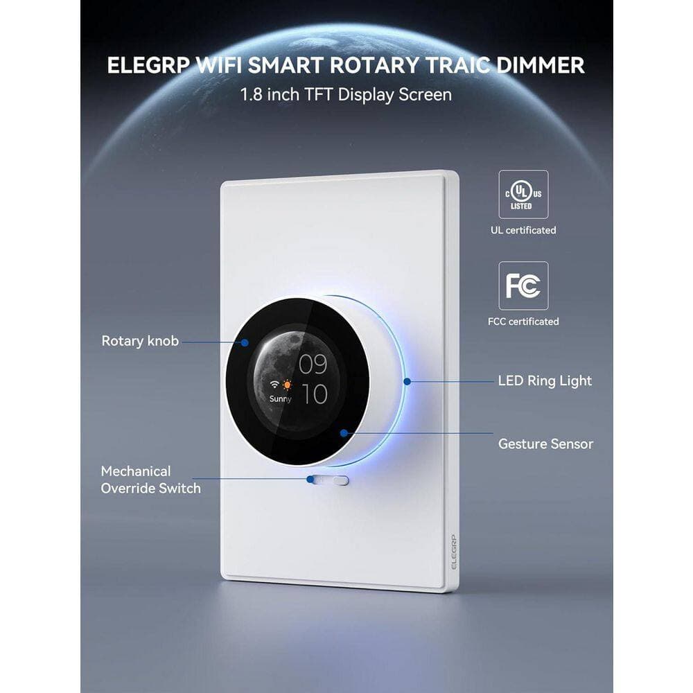 ELEGRP WiFi Smart White Rotary Traic Dimmer with 1.8 in.TFT Display Screen, Single Pole, 2 Pack (2)