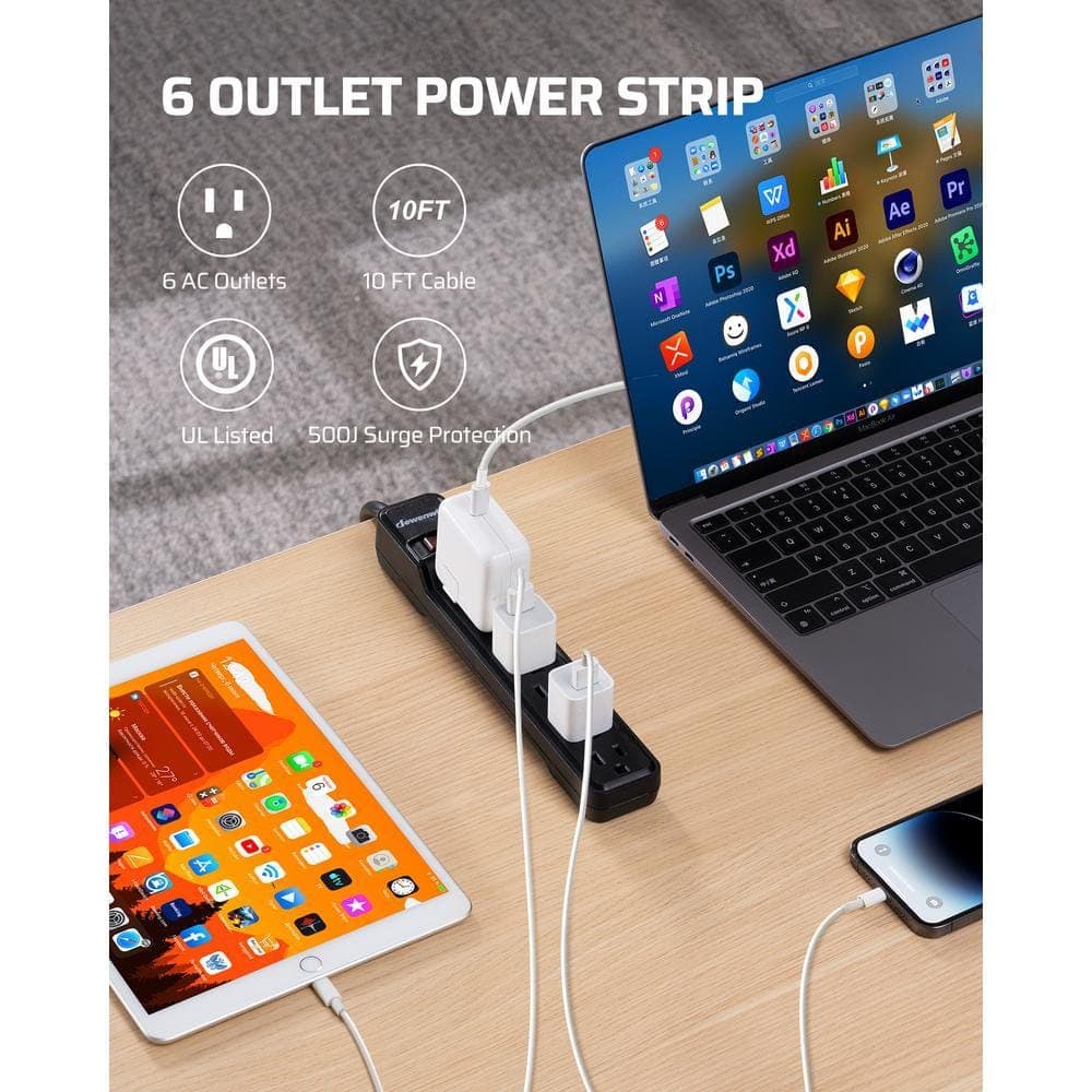 DEWENWILS 10 ft. 6-Outlet Surge Protector Power Strip, 500 Joules, Black (2)