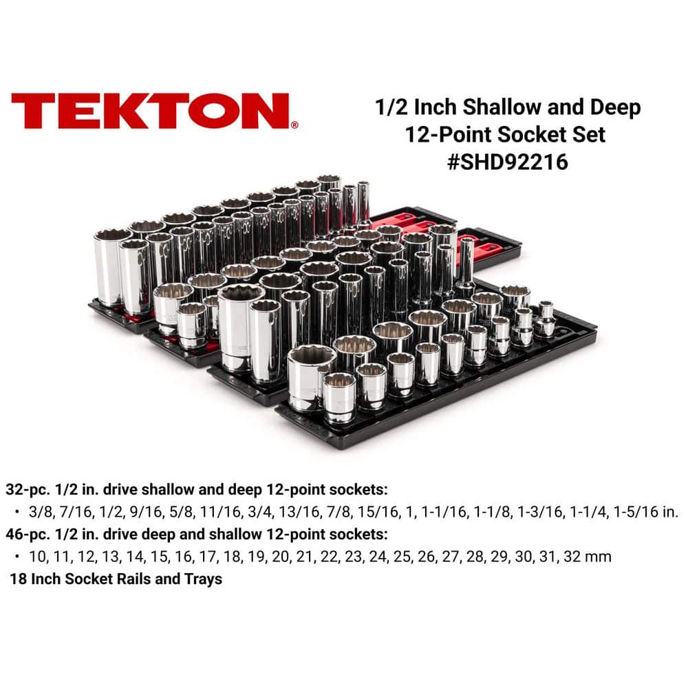 TEKTON 1/2 in. Drive 12-Point Socket Set with Rails (3/8 in.-1-5/16 in., 10 mm-32 mm) (78-Piece) (2)