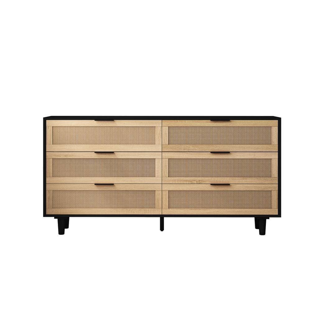 Unbranded 59.06 in. W x 15.75 in. D x 29.53 in. H Black Brown Linen Cabinet with 6 Rattan Drawers (1)