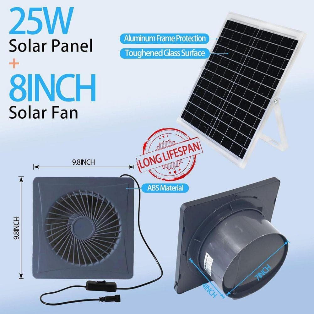KIWDZFU 25W Solar Panel 8-in. Solar Powered Exhaust Fan with AC Adapter for Greenhouse (2)