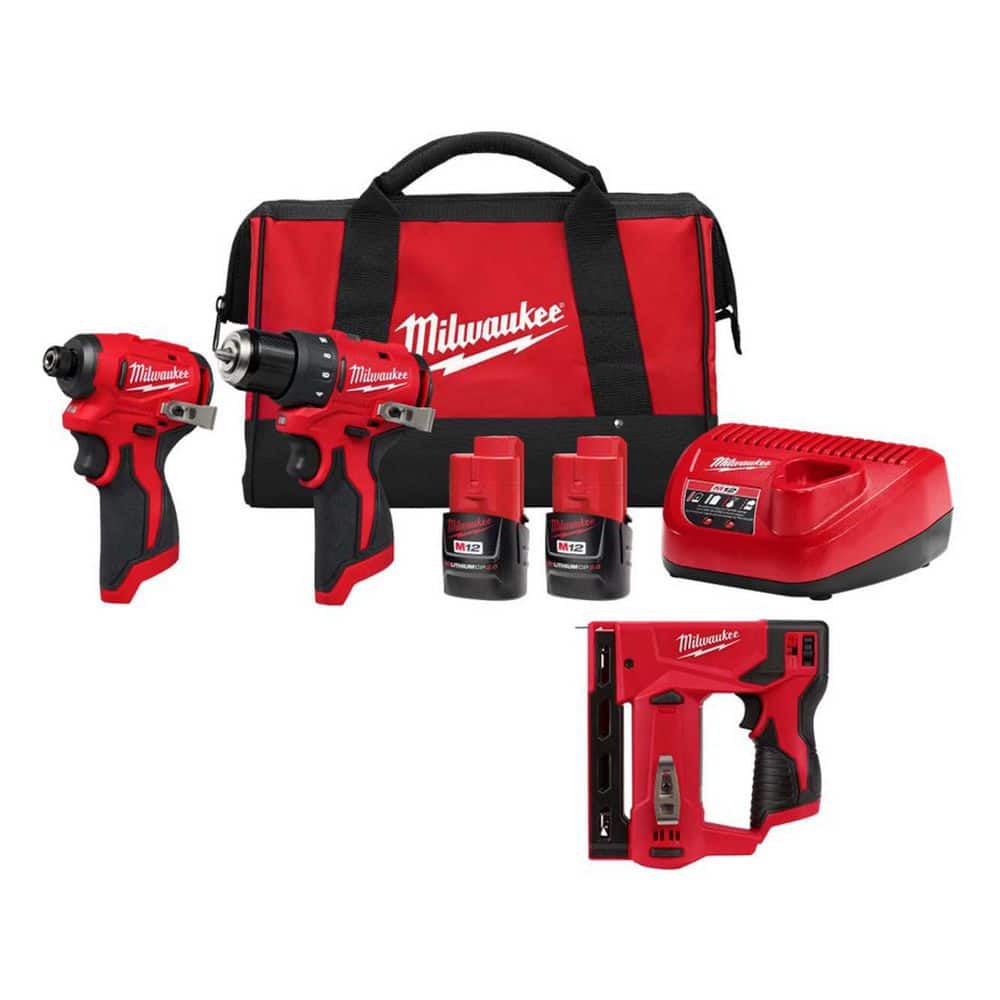 Milwaukee M12 12-Volt Lithium-Ion Brushless Cordless Subcompact Drill and Impact Driver Combo Kit w/ 3/8 in Crown Stapler (3-Tool)