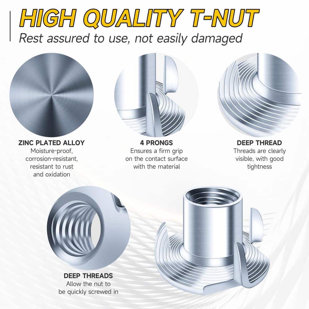 MYWISH 180-Piece 1/4"-20,5/16"-18,3/8"-16 4-Pronged T-Nut Assortment Kit, Zinc-Plated Alloy Steel Threaded Insert Fasteners (3)