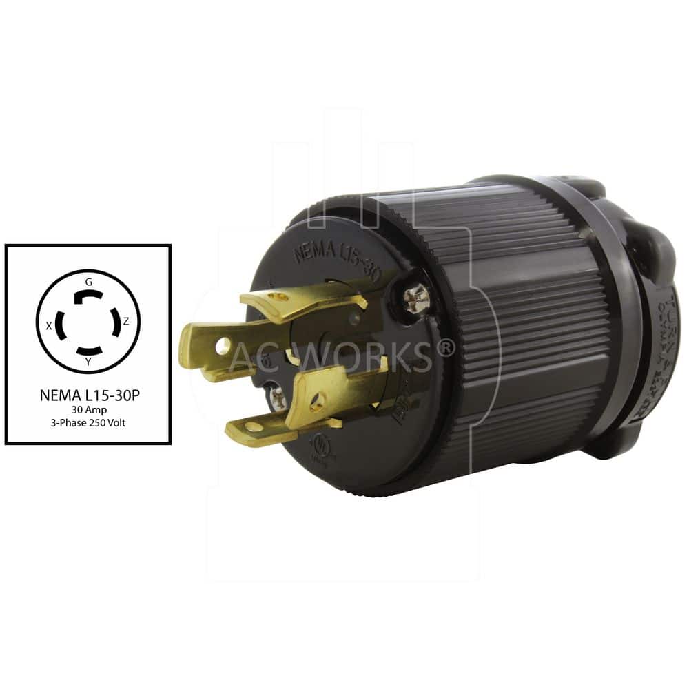 AC WORKS NEMA L15-30P 3-Phase 30A 250V 4-Prong Locking Male Plug in Black with UL, C-UL Approval (2)
