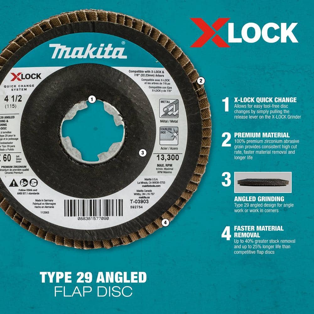 Makita X-LOCK 4‑1/2 in. 80-Grit Type 29 Angled Grinding and Polishing Flap Disc for X-LOCK and All 7/8 in. Arbor Grinders (3)