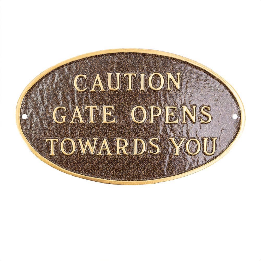 Montague Metal Products 10 in. x 18 in. Large Oval Caution Gate Opens Towards You Statement Plaque Sign - Hammered Bronze