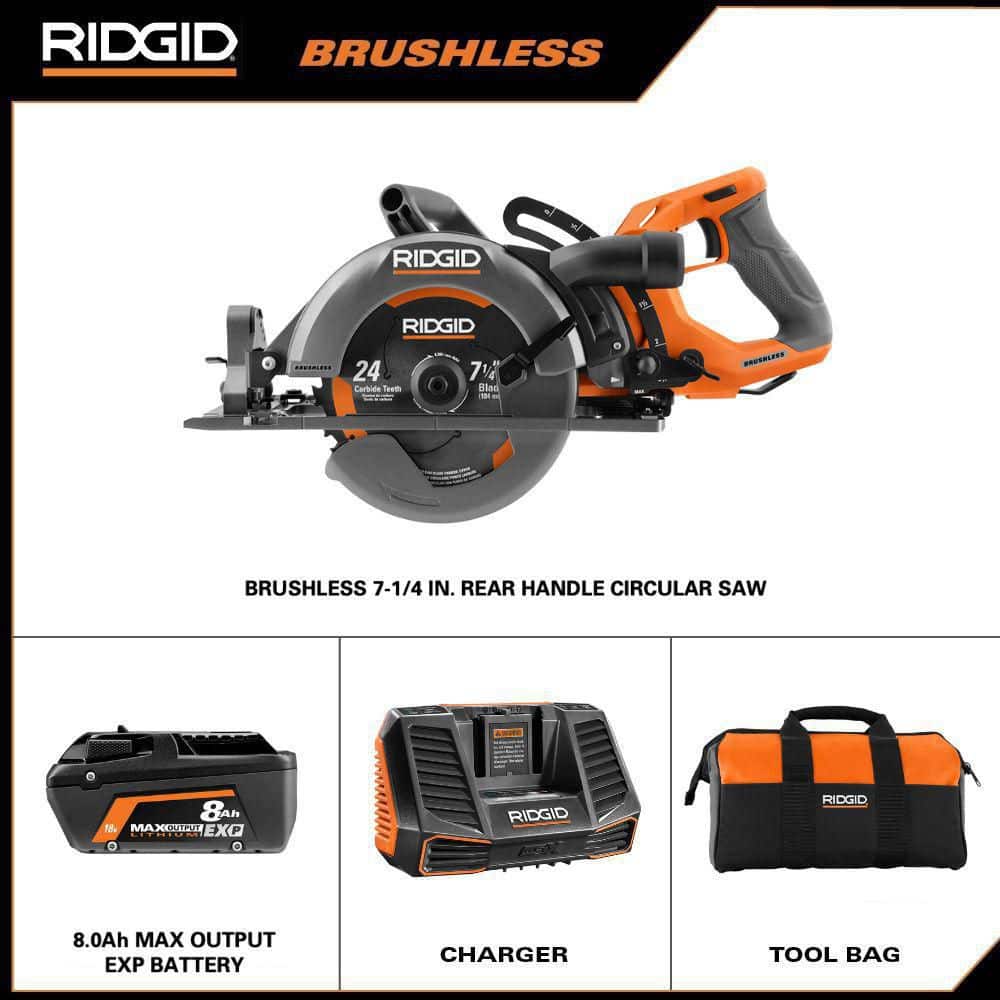 RIDGID 18V Brushless Cordless 7-1/4 in. Rear Handle Circular Saw Kit with 8.0 Ah MAX Output Battery, 18V Charger and Bag (2)