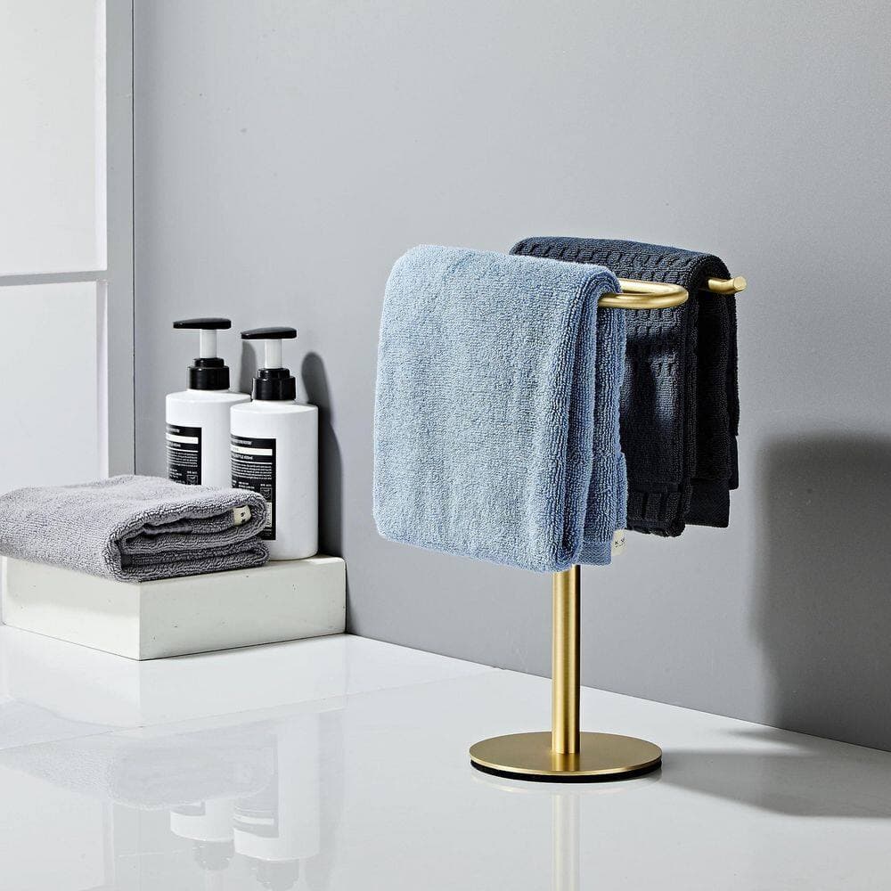 Wudkey Hand Towel Holder Stand in Brushed Gold, 13 Inch Free-Standing Towel Rack, Stainless Steel Towel Bar Rack Stand (2)