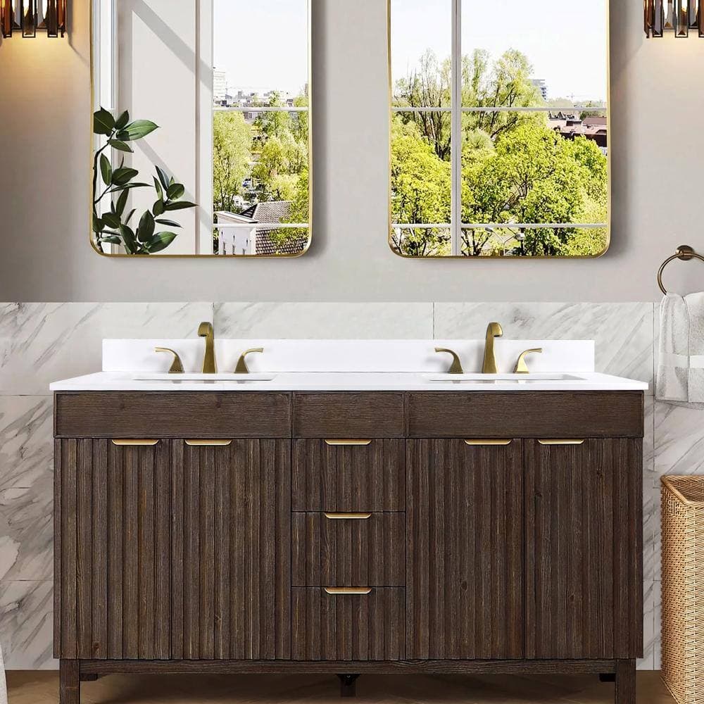 JimsMaison 60 in. White Quartz Stone Bathroom Sink with Two Undermount Ceramic Sinks (2)