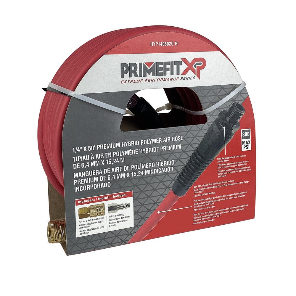 Primefit 1/4 in. x 50 ft. Premium Hybrid Air Hose with Industrial Coupler and Plug - Red (2)