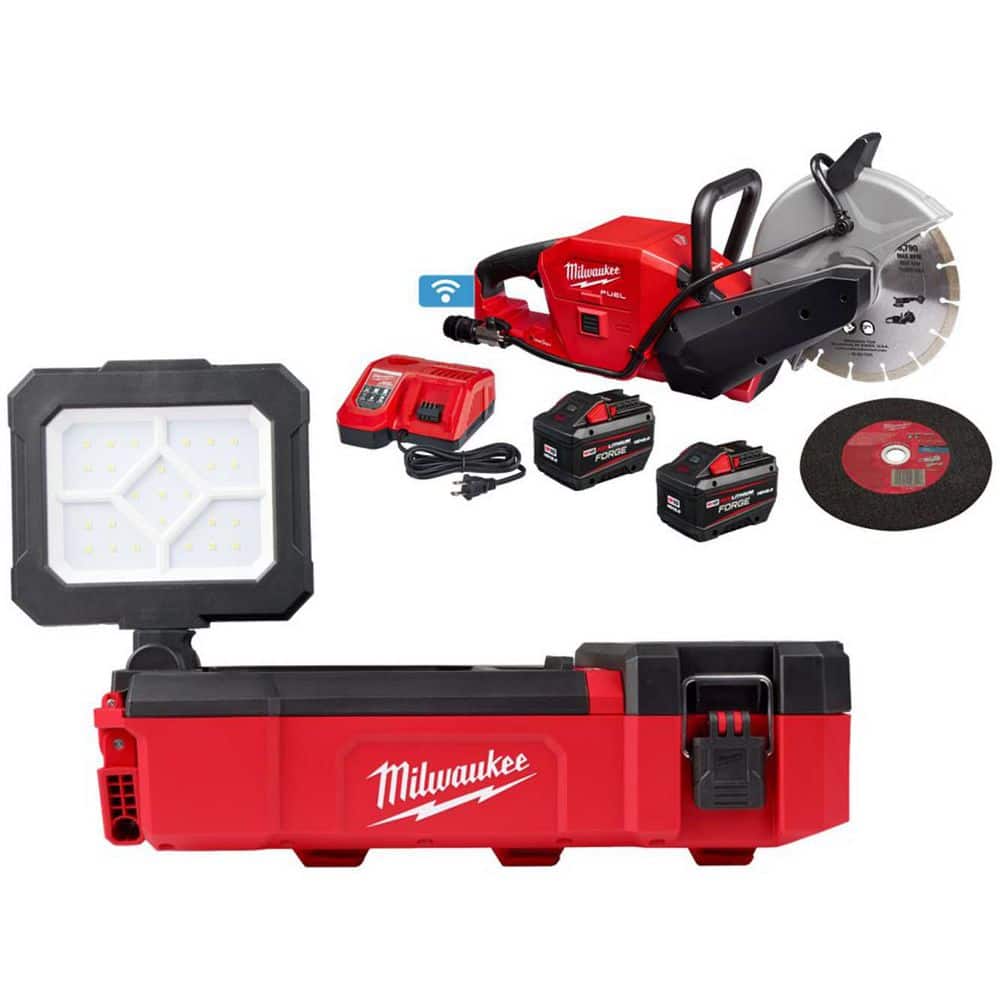 Milwaukee M12 12V Lithium-Ion Cordless PACKOUT Flood Light and M18 18V 9 in. Cut Off Saw Kit W/(2) 12.0Ah Batteries and Charger (1)