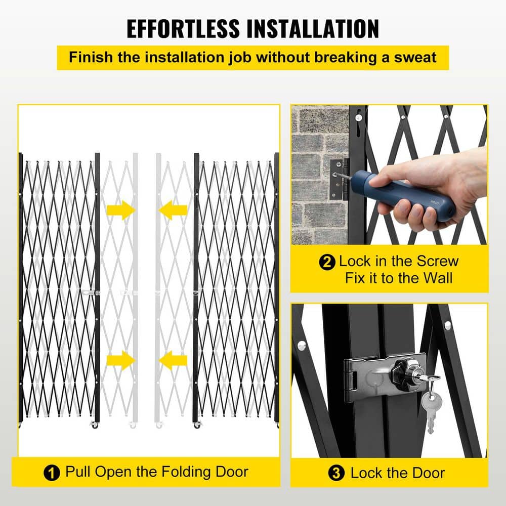 SKYSHALO Double Folding Security Gate, 7.1 ft. H x 12.5 ft. W Folding Door Gate, Steel Accordion Security Gate, Black (2)