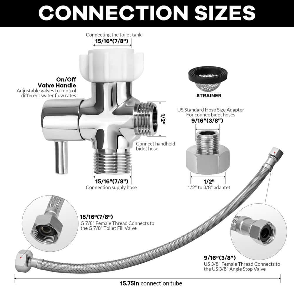 Wudkey 2-Piece Brass Bidet T-Adapter with Shut-Off Valve and 15.75 in. Flexible Hose in Chrome Plated Finish (2)