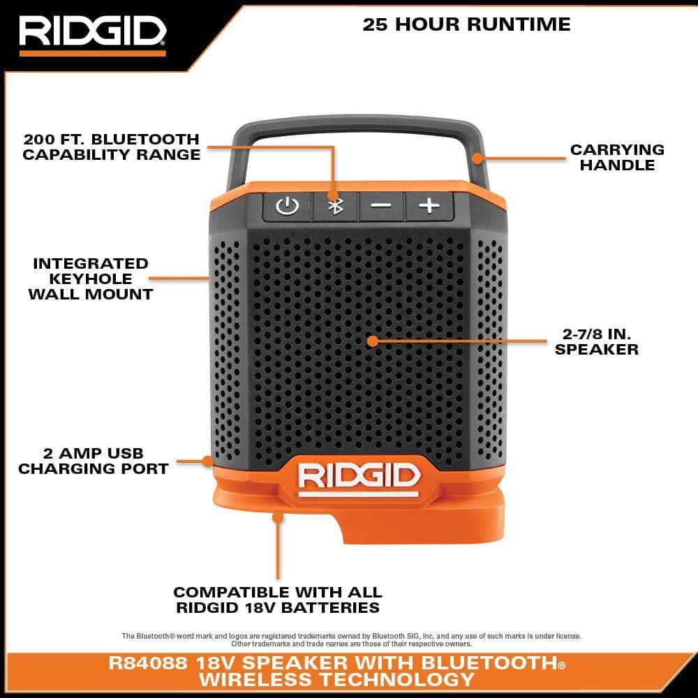 RIDGID 18V Cordless Speaker with Bluetooth Wireless Technology with 2.0 Ah Lithium-Ion Battery (3)