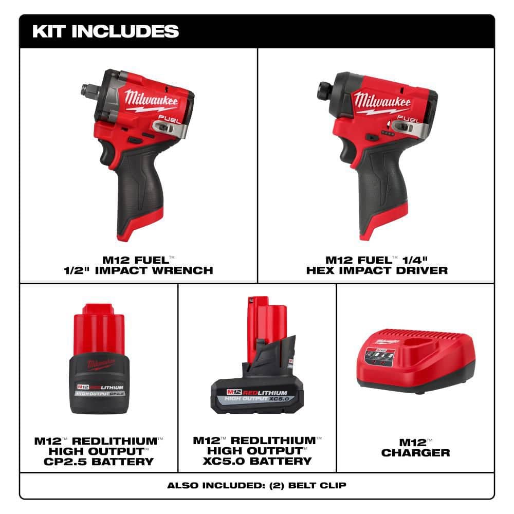 Milwaukee M12 FUEL 12V Li-Ion Brushless Cordless Stubby 1/2 in. Impact Wrench Kit w/ Impact Driver & Batteries (2)