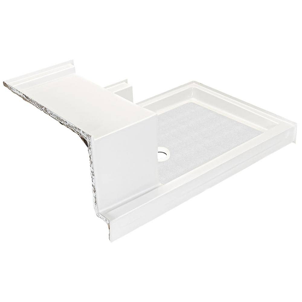 Ella 60 in. L x 36 in. W Acrylix Alcove Shower Pan Base with Center Drain in White with Left Hand Built-In Shower Seat (3)