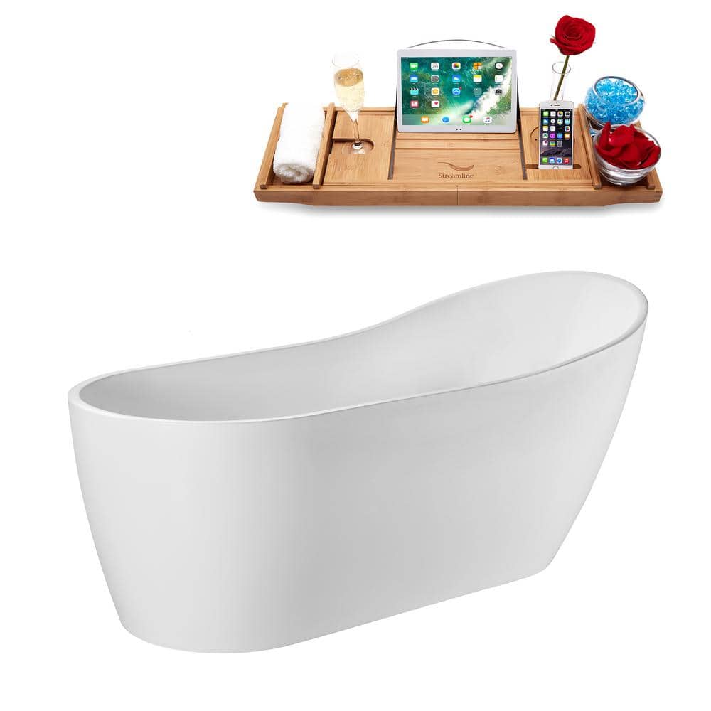 Streamline 69 in. x 32 in. Acrylic Freestanding Soaking Bathtub in Glossy White with Polished Gold Drain, Bamboo Tray (3)