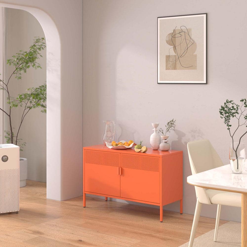 Unbranded 39.37 in. W x 15.75 in. D x 25.2 in. H Orange Linen Cabinet with Metal Storage Locker Cabinet, Adjustable Shelves (2)