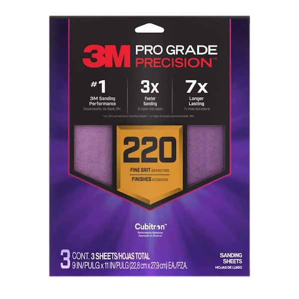 3M Pro Grade Precision 9 in. x 11 in. 220 Grit Faster Sanding Sheet With No-Slip Grip Backing (3-Pack) (2)