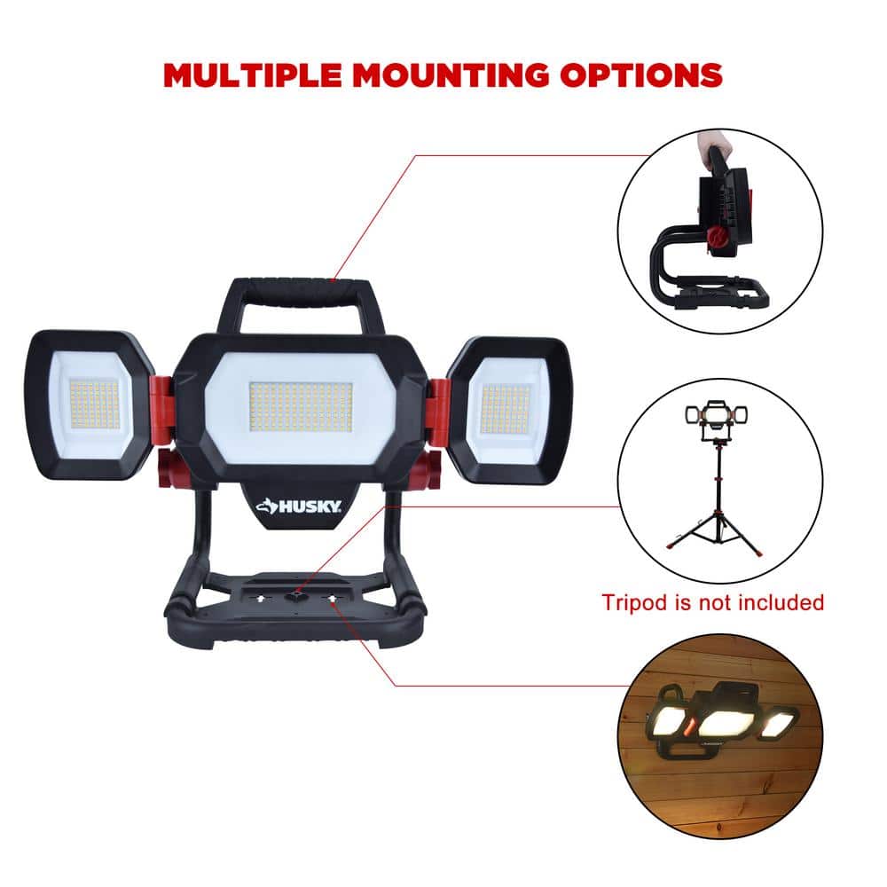 Husky 10,000 Lumen Three-Head Hybrid LED Work Light with Rechargeable Battery (2)