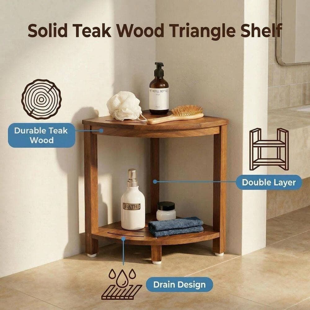 Numhew 12.6 in. Teak Corner Shower Bench Seat with Storage Shelf, Waterproof Teak Wood Shower Foot Rest for Shaving Legs (3)