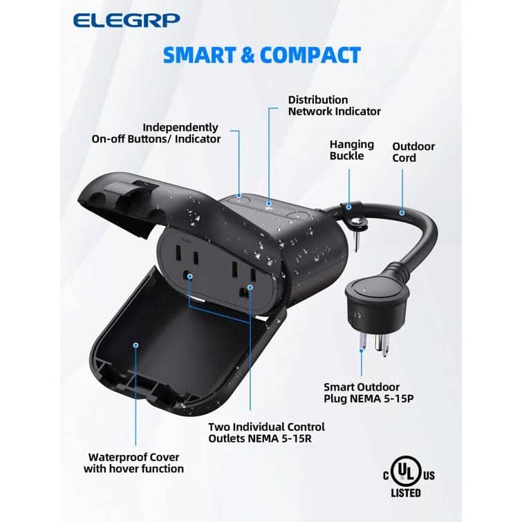 ELEGRP Outdoor Smart Plug with 2 outlets, Works with Alexa and Google Home, Voice and Remote Control (2 pack, Black) (2)