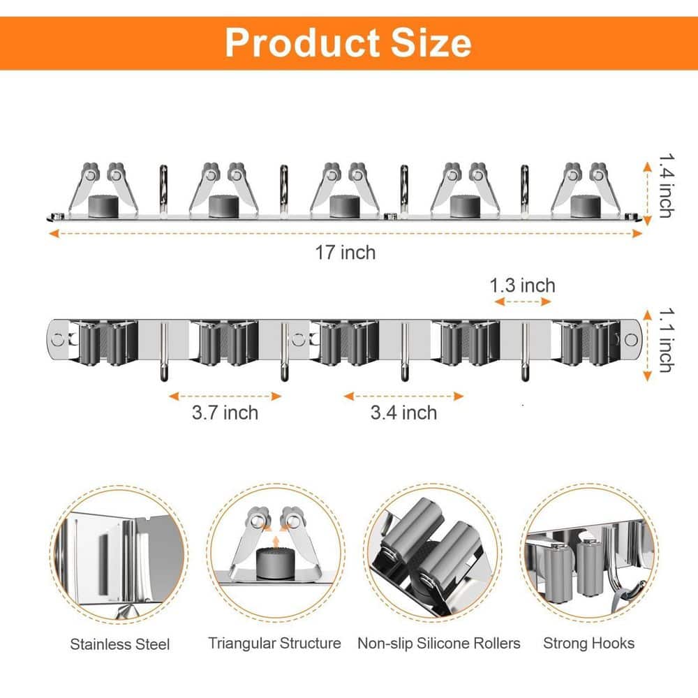 NVNOO 5-Racks and 4-Hooks Wall Mount Mop and Broom Holder for Kitchen Garden Room Wall Decor and Storage, Silver (3)
