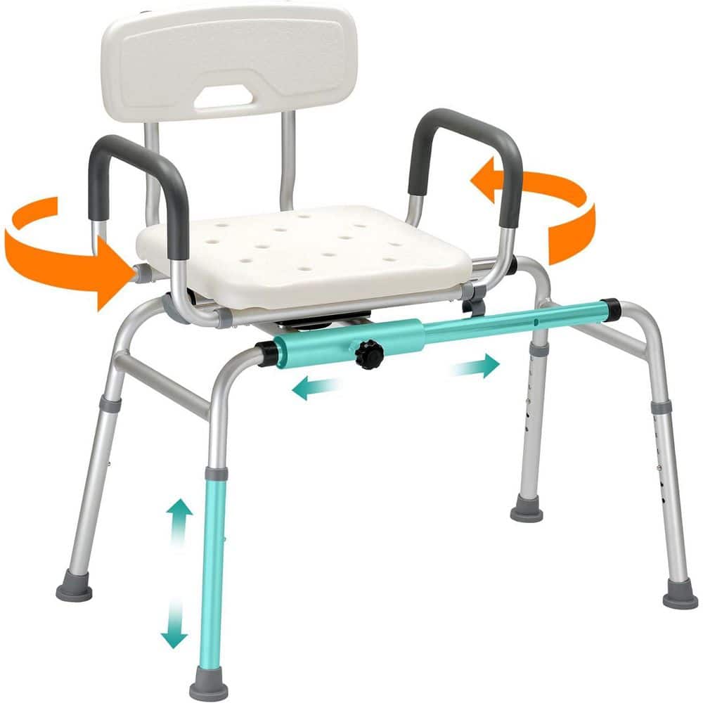 Anqtovp 34.45 in. W Freestanding 360° Swivel Seat, Sliding, Adjustable Height Shower Chair in White (1)