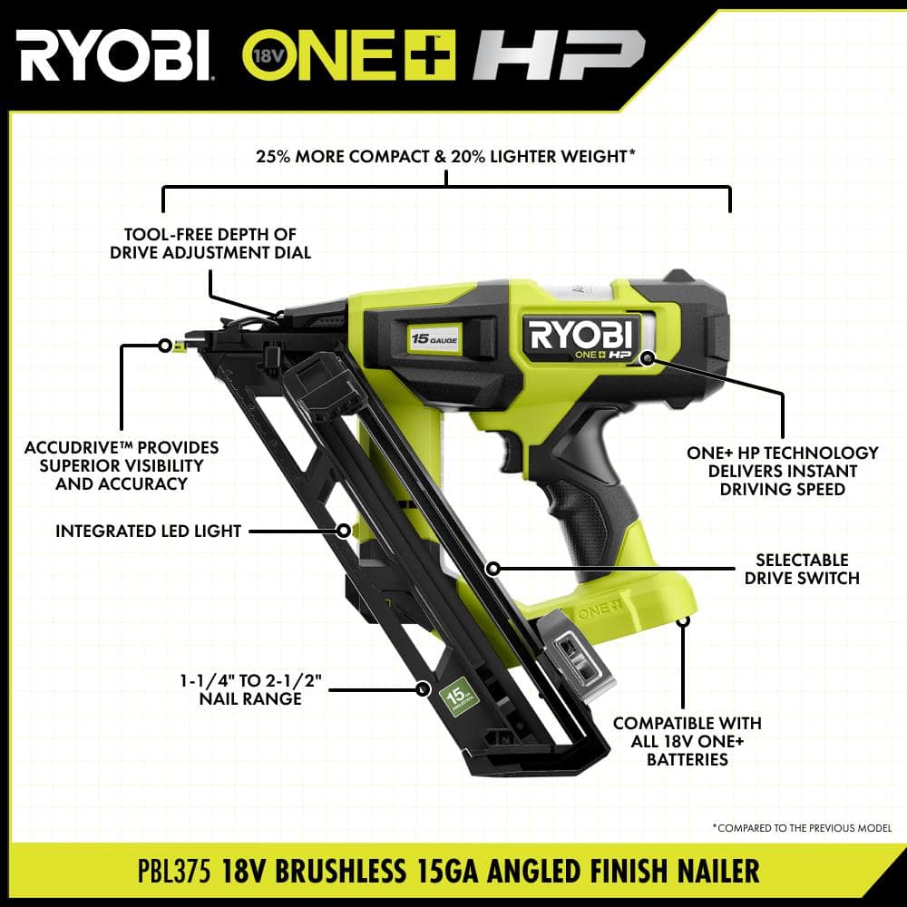 RYOBI ONE+ HP 18V Brushless Cordless 15-Gauge 34° Angled Finish Nailer (Tool Only) (2)